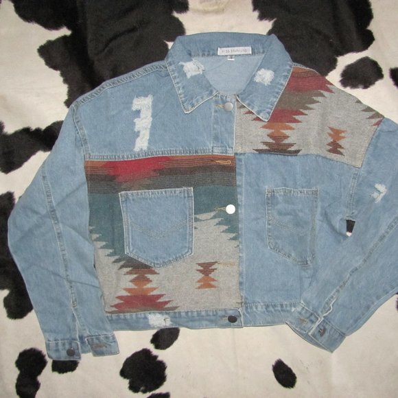 LADIES AZTEC PRINT JEAN JACKET Jackets & Blazers - LADIES AZTEC PRINT JEAN JACKET